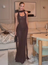 Brown Halter Neck Tie Up Folds With Neck Scarf  Long Dress